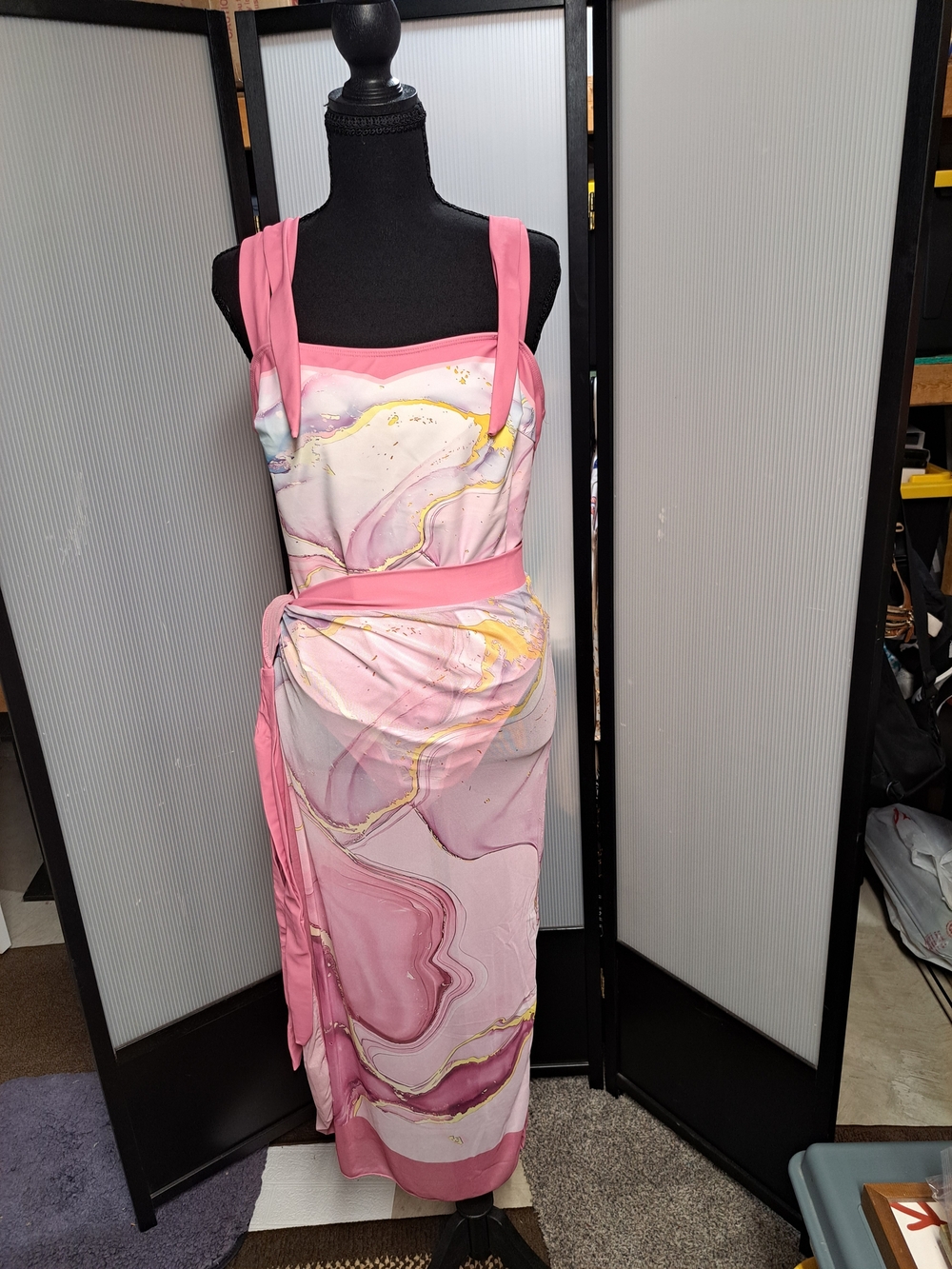 Pink Marble Print Maxi Dress with Tie Waist